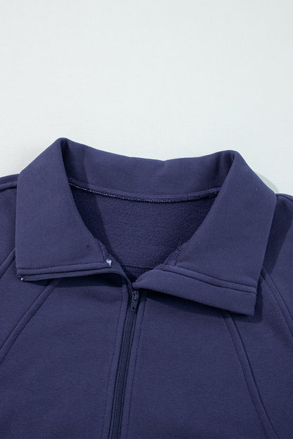 Fleece Lined Zip Up Stand Collar Thumbhole Sleeve Sweatshirt | Navy Blue