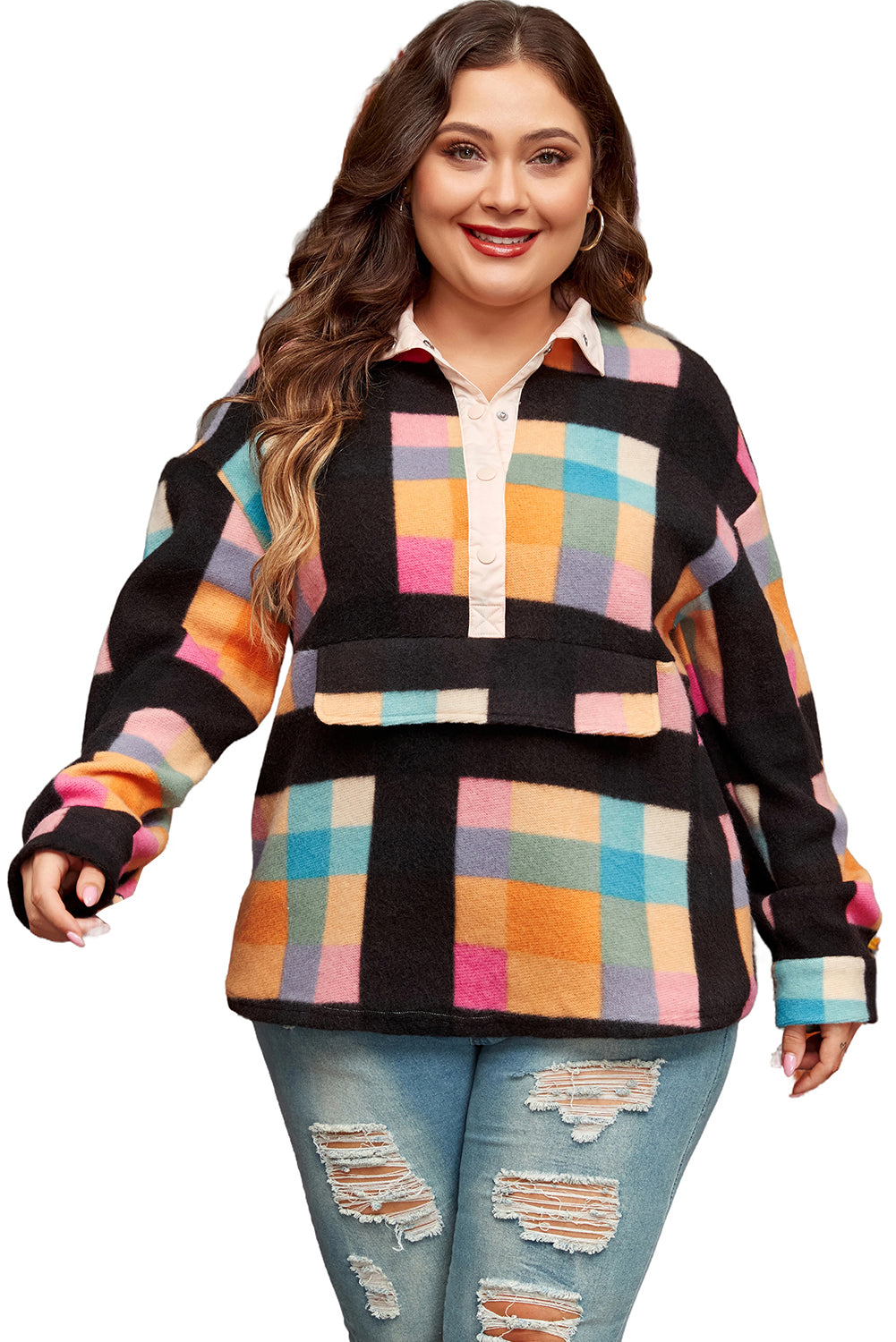 Plus Size Checkered Print Sherpa Henley Sweatshirt | Black