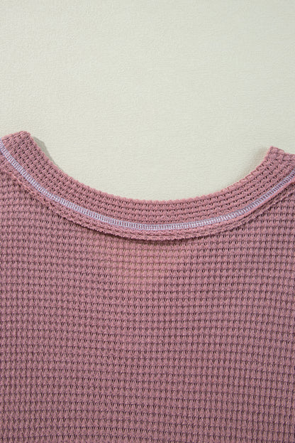 Waffle Knit V Neck Long Sleeve Babydoll Top | Pink