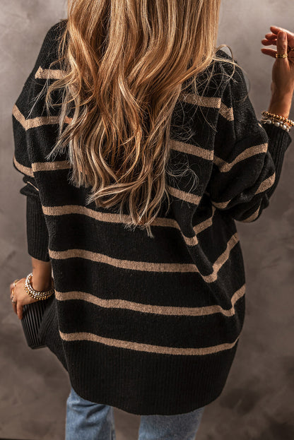 Buttoned V Neck Drop Shoulder Loose Cardigan | Black Stripe