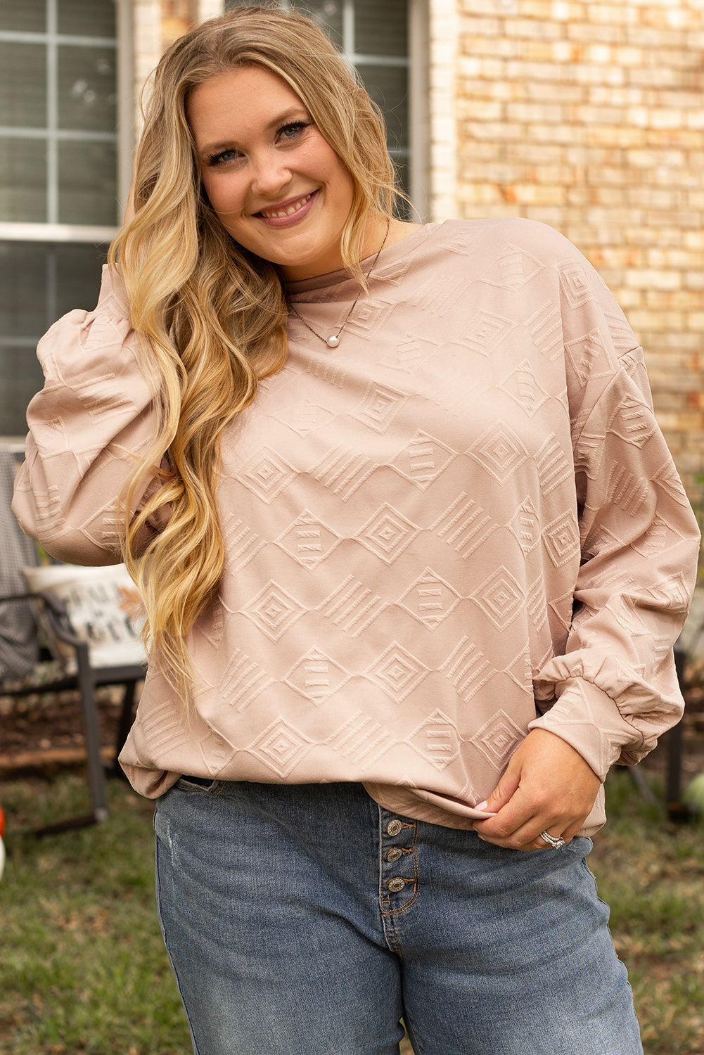 Plus Size Textured Drop Shoulder Crew Neck Sweatshirt | Parchment