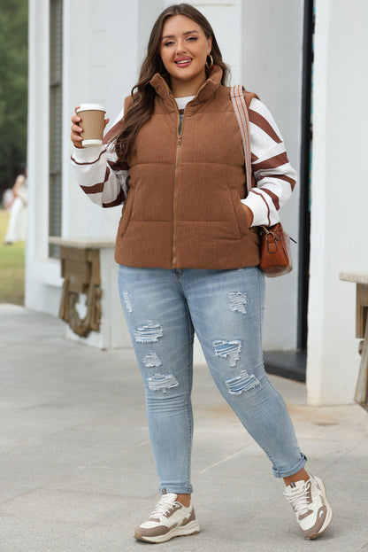 Corduroy Stand Neck Zipped Puffer Vest | Coffee