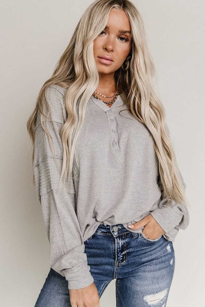 Waffle Patchwork Dolman Sleeve Henley Top | Gray