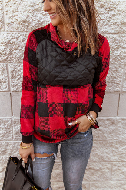 Fiery  Long Sleeve Plaid Paneled Sweatshirt | Red