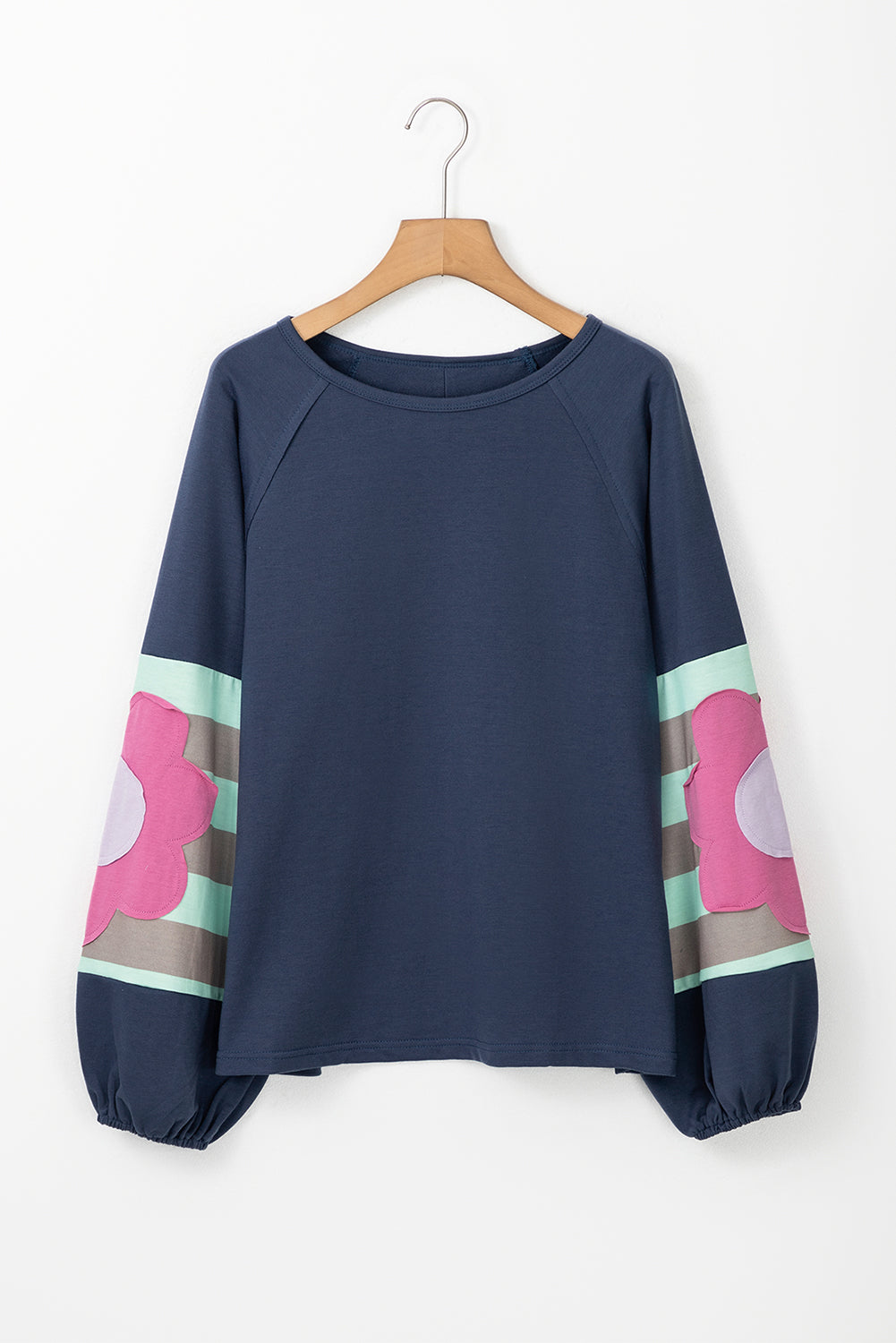 Flower Patchwork Raglan Sleeve Exposed Seam Oversized Top | Sail Blue