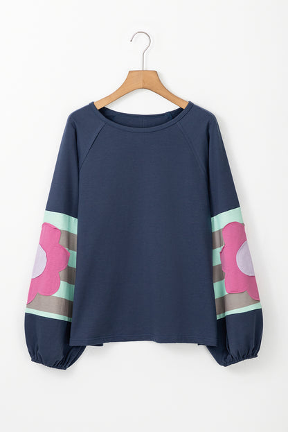 Flower Patchwork Raglan Sleeve Exposed Seam Oversized Top | Sail Blue