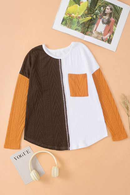 Colour Block Patchwork Chest Pocket Long Sleeve Top | Brown