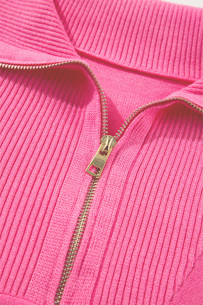 Solid Ribbed Trim Plus Size Zip Collar Sweater | Rose