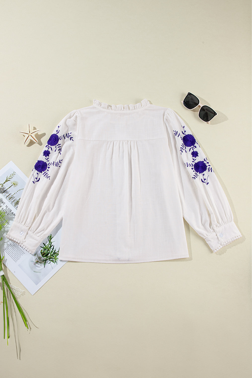 Floral Embroidered Bracelet Sleeve Shirt | White