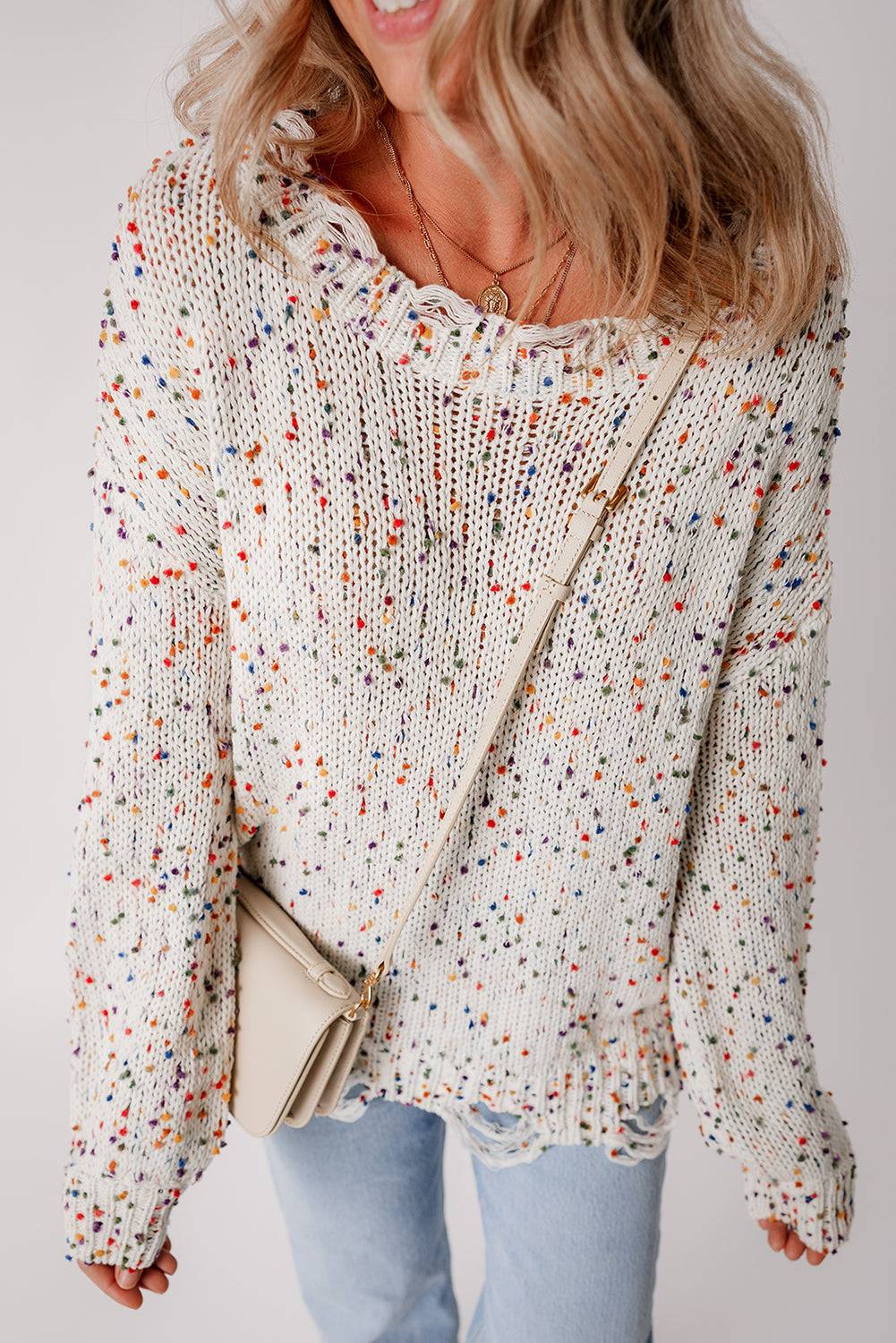 Colourful Confetti Distressed Knit Sweater | White