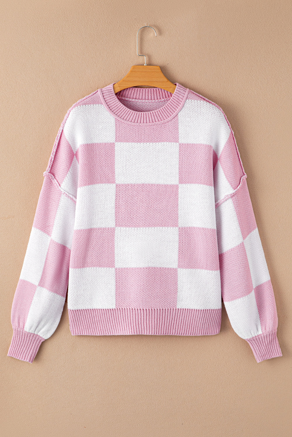 Checkered Bishop Sleeve Sweater | Pink