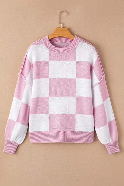 Checkered Bishop Sleeve Sweater | Pink