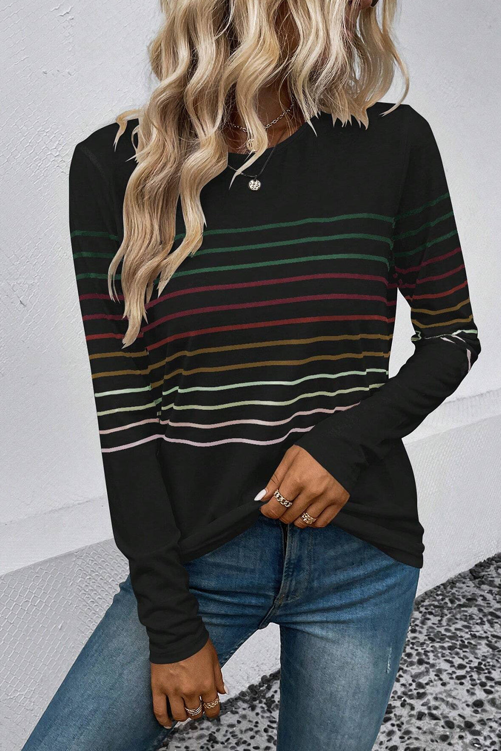 Multicolour Striped Crew Neck Long Sleeve Top | Black