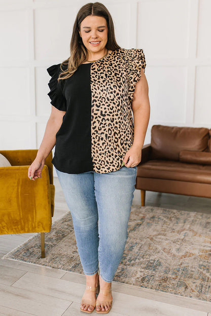 Leopard Contrast Block Flutter Sleeve Plus Size Top | Black