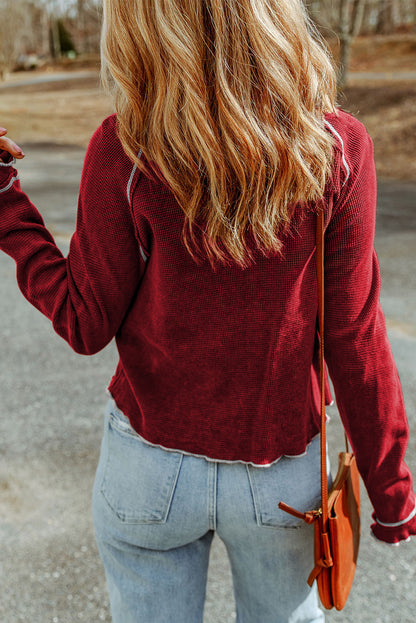 Fiery  Textured Round Neck Long Sleeve Top | Red