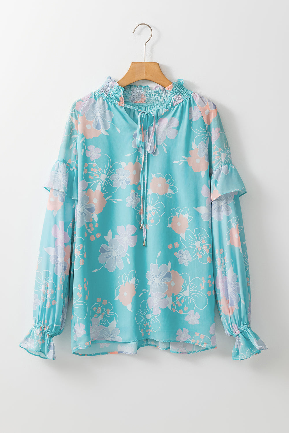 Floral Split Neck Ruffled Puff Sleeve Blouse | Sky Blue