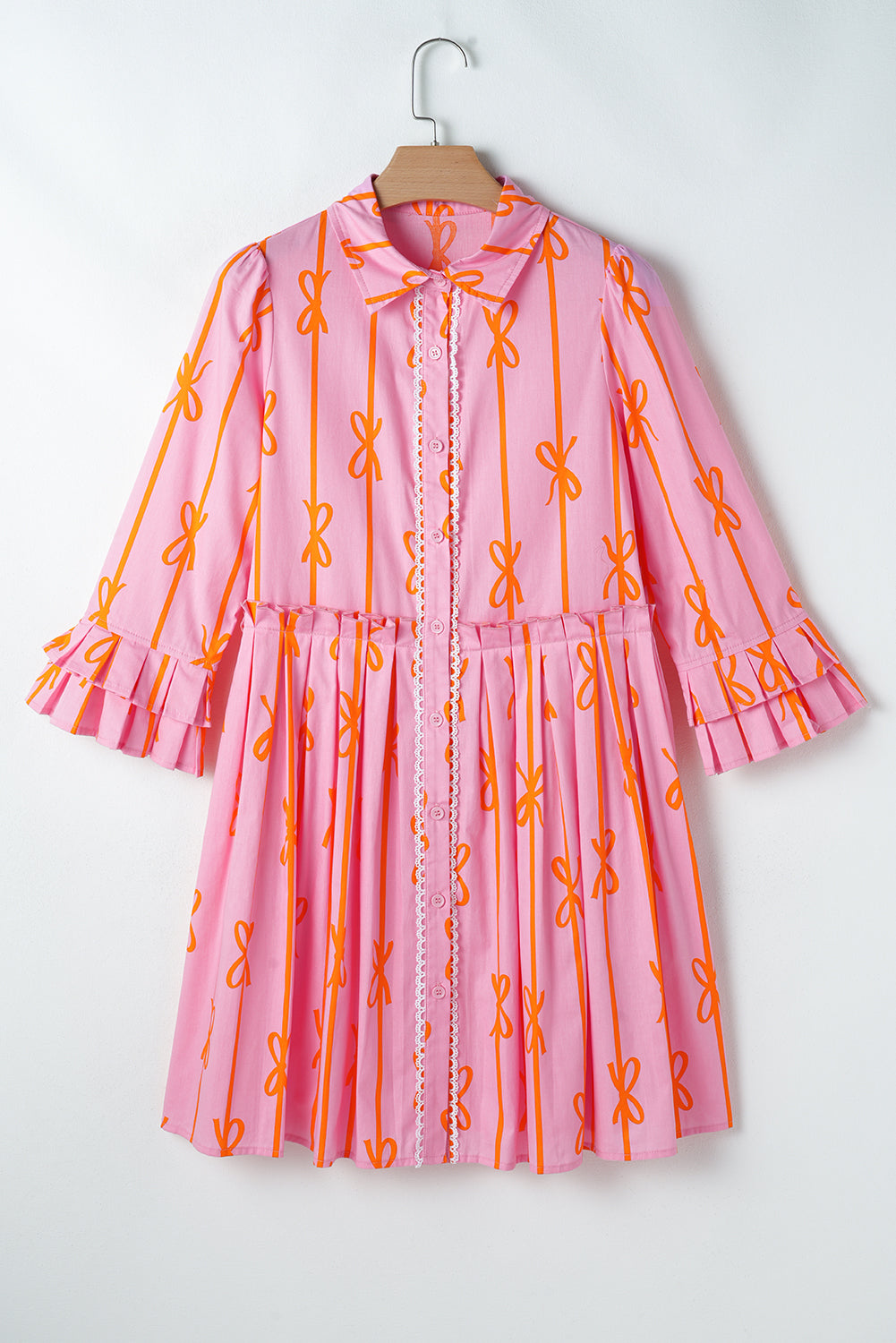 Bowknot Striped Printed Tiered Ruffled Mini Shirt Dress | Pink