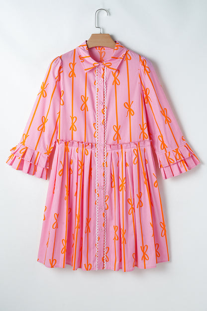 Bowknot Striped Printed Tiered Ruffled Mini Shirt Dress | Pink