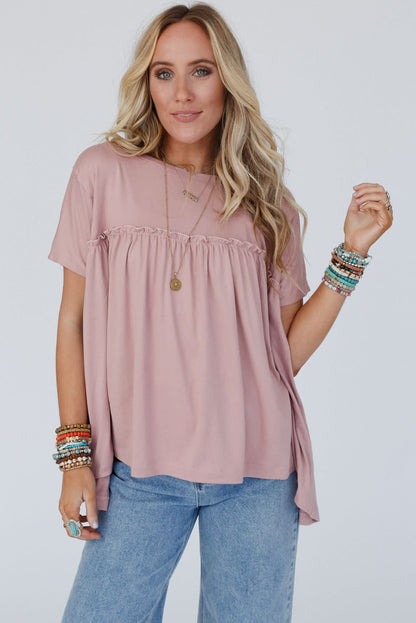 Ruffled Trim Loose Babydoll Tee | Light Pink