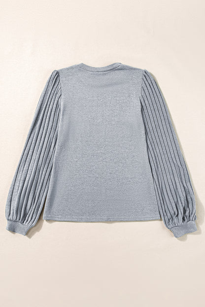 Contrast Ribbed Bishop Sleeve Top | Gray