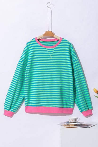 Oversized Contrast Trim Pullover Sweatshirt | Sky Blue Stripe