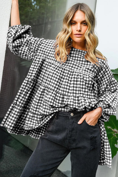 Checkered Puff Sleeve Tiered Loose Babydoll Blouse | Black