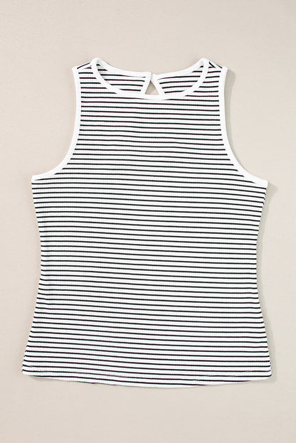 Striped Print Ribbed Knit Sleeveless Top | White