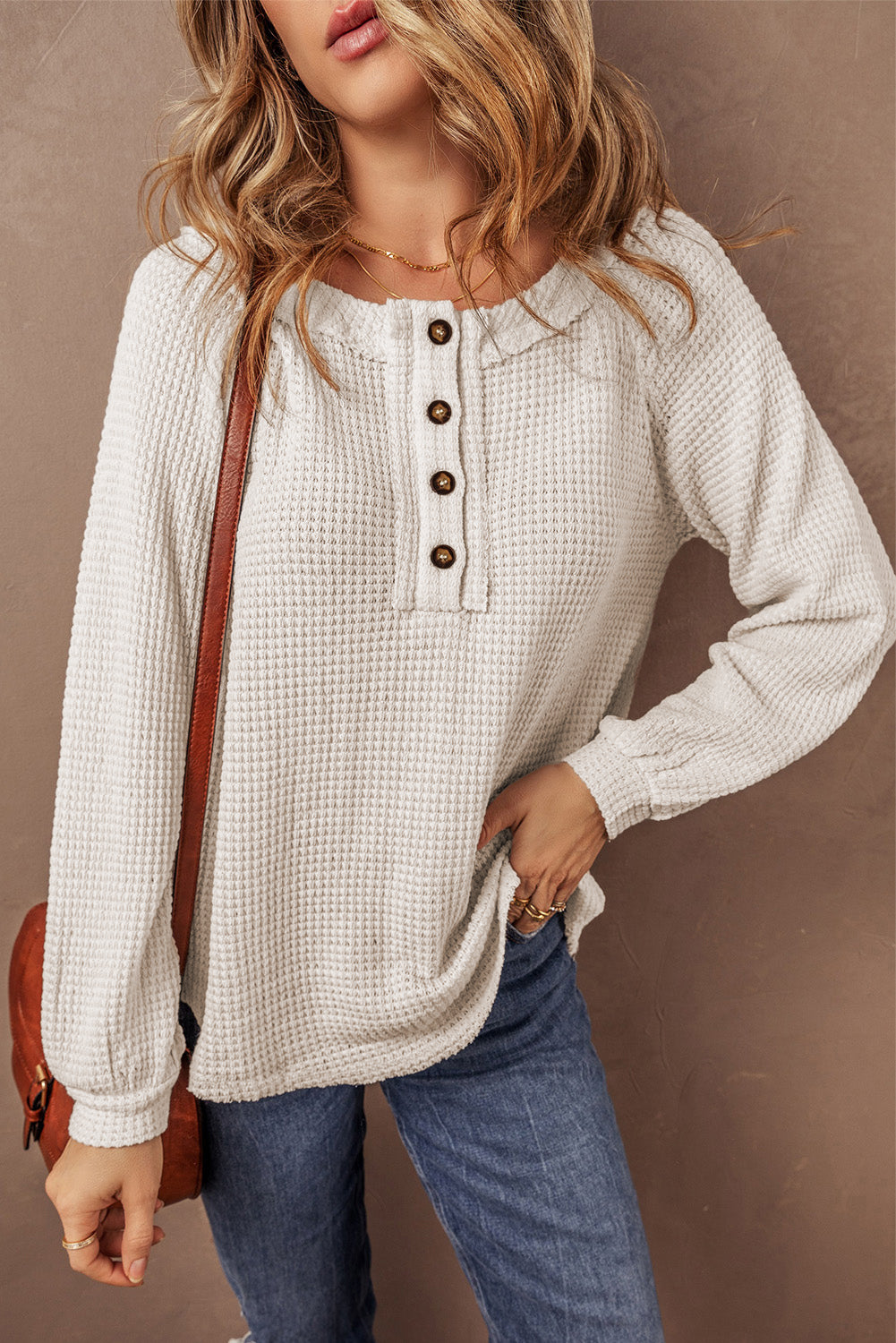 Waffle Knit Buttoned Front Raglan Sleeve Loose Blouse | Oatmeal