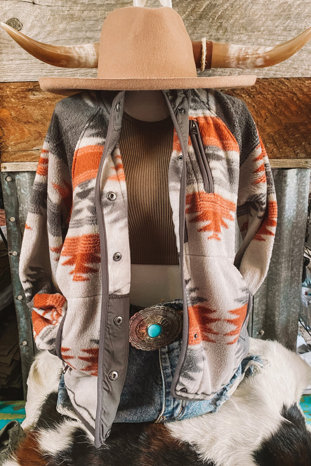 Western Aztec Snap Buttoned Fleece Jacket | Gray