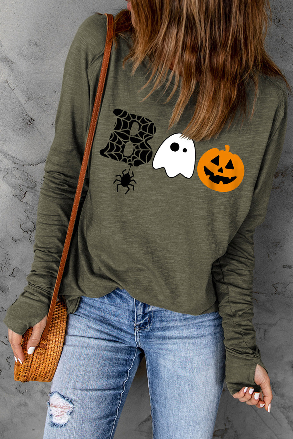 Halloween Boo Print Long Sleeve Graphic T Shirt | Green