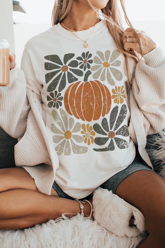 White Thanksgiving Pumpkin Print Loose Crewneck Tunic T Shirt