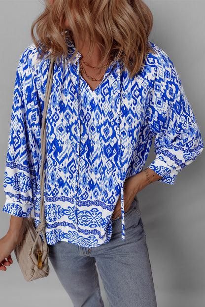 Boho Printed 3/4 Sleeve Tied Neck Blouse | Blue