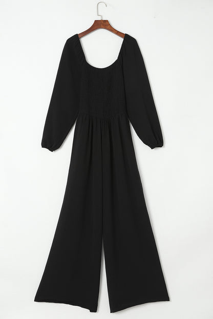 Smocked Square Neck Long Sleeve Wide Leg Jumpsuit | Black