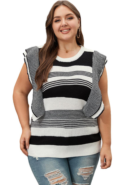 Plus Size Mixed Striped Print Ruffled Sweater Vest | Black