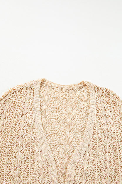 Hollow Out Knit Drop Shoulder Open Front Cardigan | Apricot