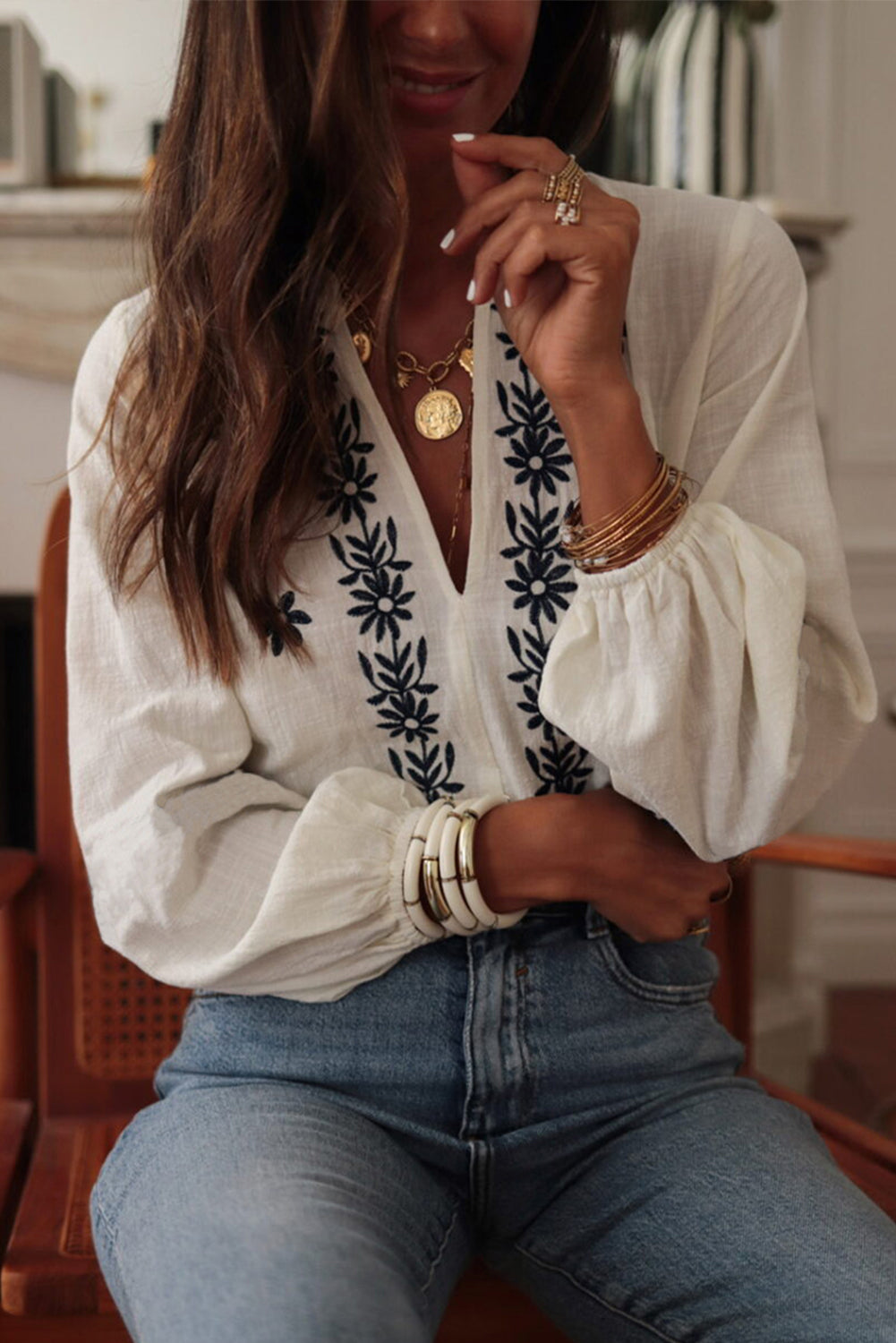 Floral Embroidered Frilled V Neck Puff Sleeve Blouse | White