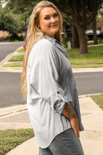 Rolled Tab Sleeve Buttoned Plus Size Shirt | White Stripe