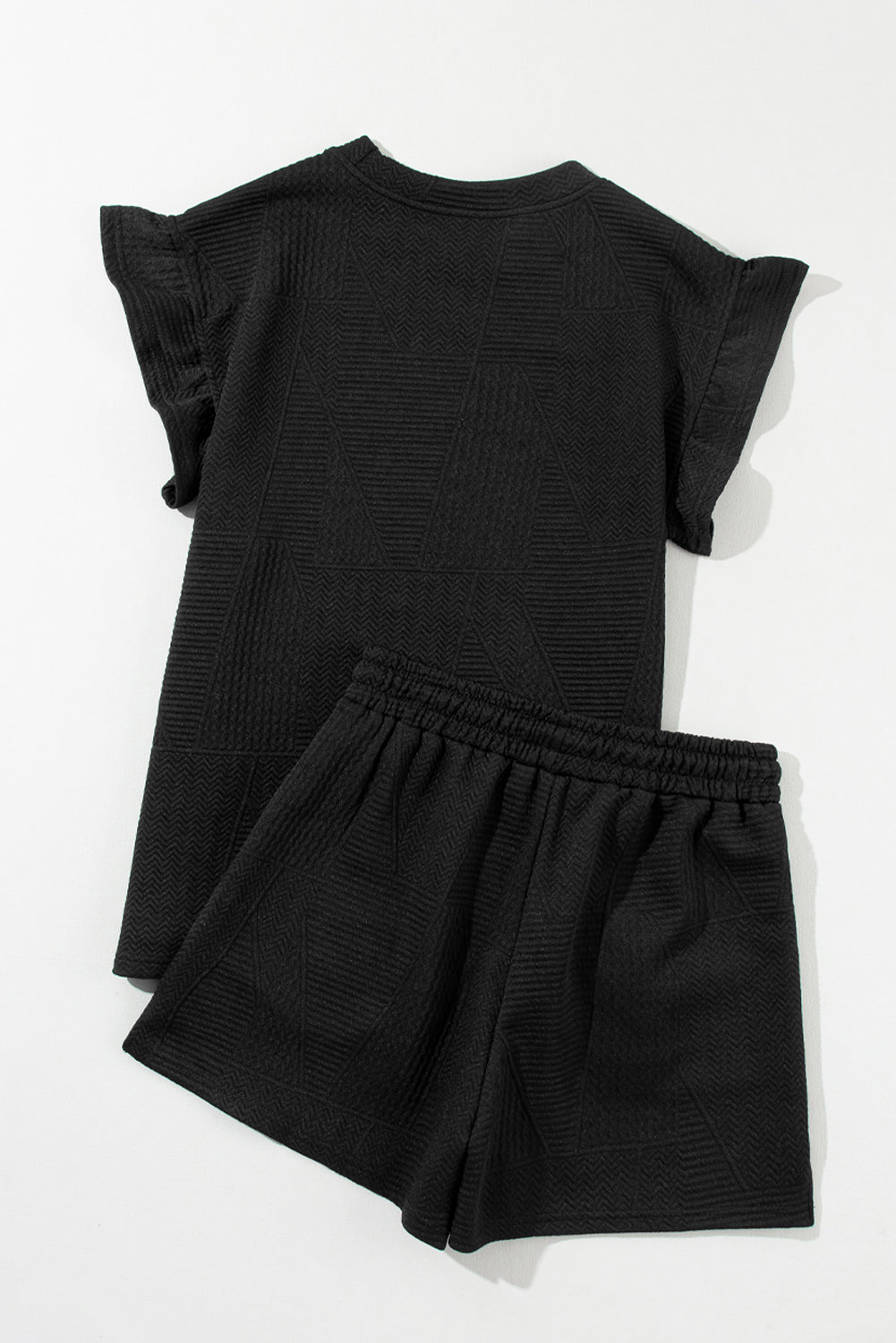 Textured Ruffle Split Top And Drawstring Shorts | Black