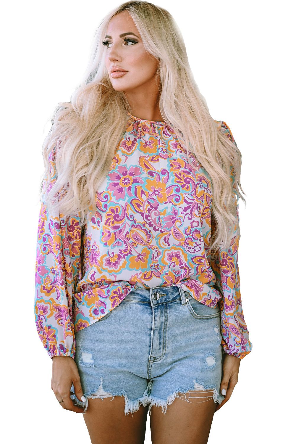 Boho Paisley Printed Peasant Sleeve Blouse | Purple