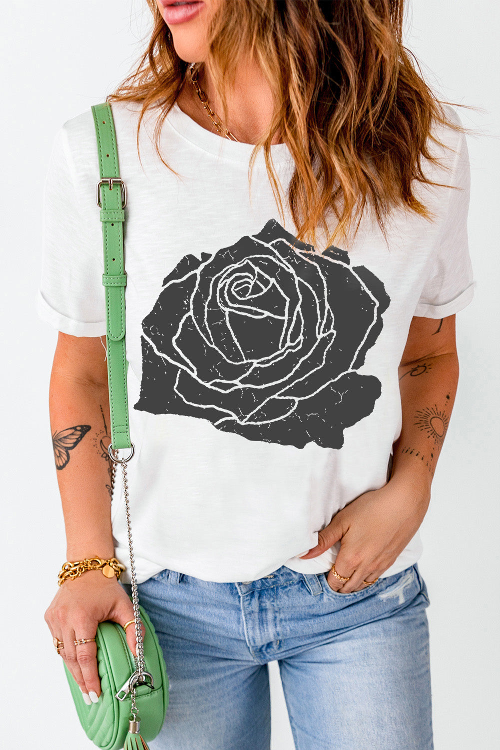 Large Rose Print Round Neck T Shirt | White