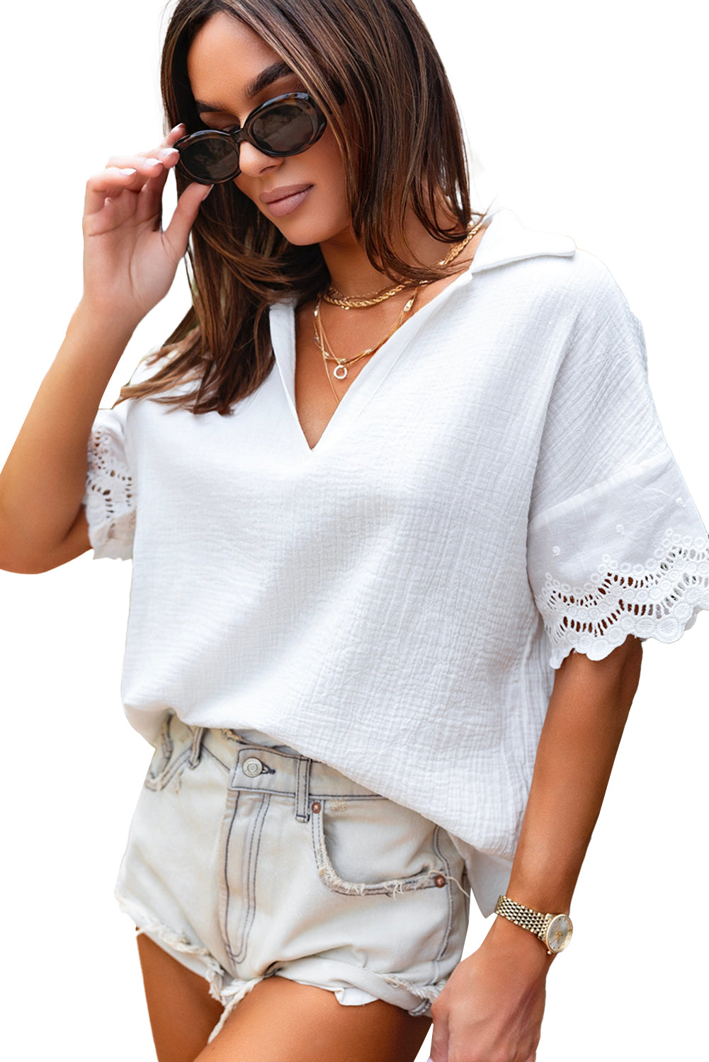 Crinkled Lace Splicing Sleeve Collared V Neck Blouse | White