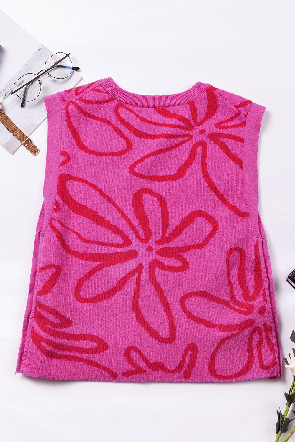 Button Sides Sleeveless Floral Knitted Top | Bright Pink