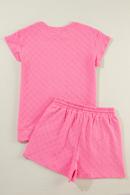 Checkered Textured Tee And Drawstring Shorts | Sachet Pink