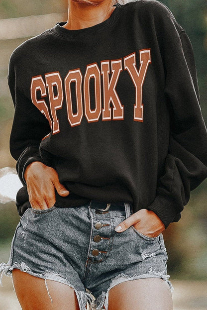 Spooky Graphic Drop Shoulder Halloween Pullover Sweatshirt | Black