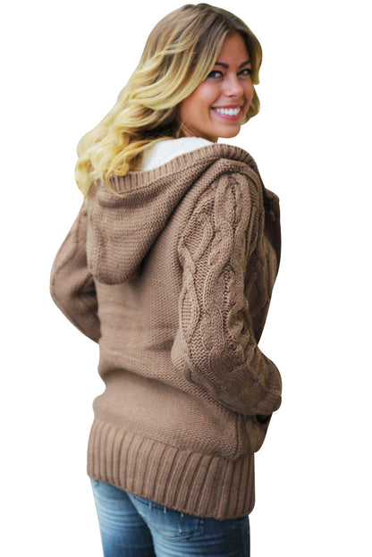 Brown Fur Hood Horn Button Sweater Cardigan | Khaki