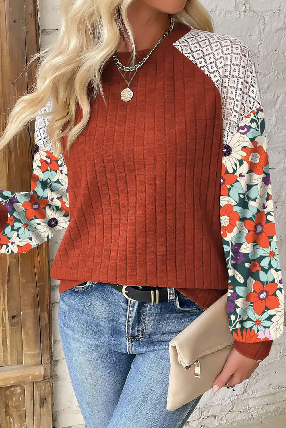 Floral Patchwork Long Sleeve Ribbed Blouse | Cinnamon