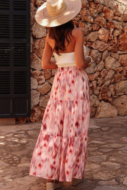 Abstract Watercolour Tie Dye Tiered Maxi Skirt | Pink