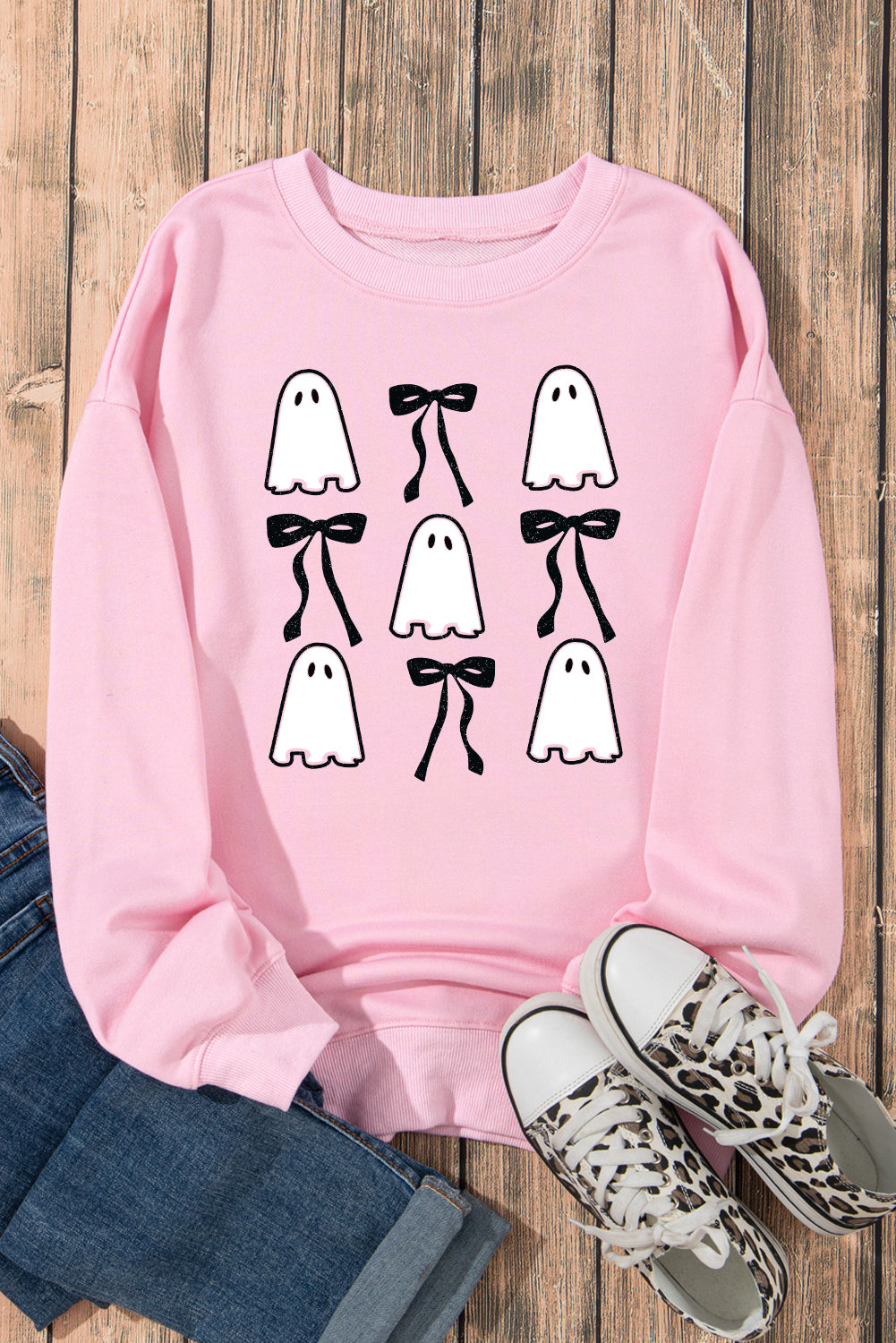 Ghost Bowknot Printed Drop Shoulder Halloween Sweatshirt | Pink