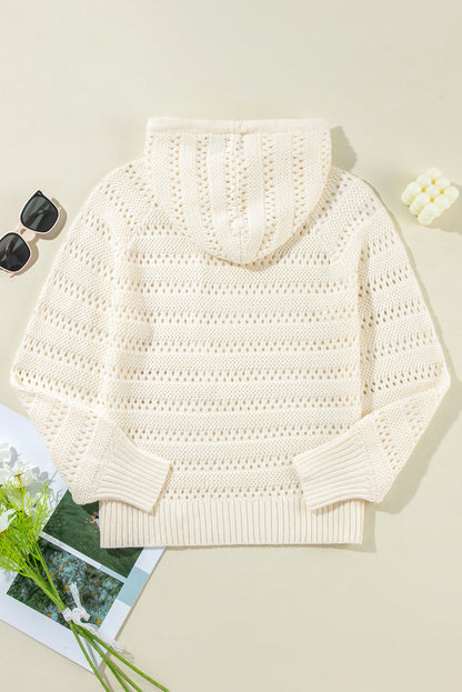 Pointelle Knit Raglan Sleeve Hooded Sweater | White