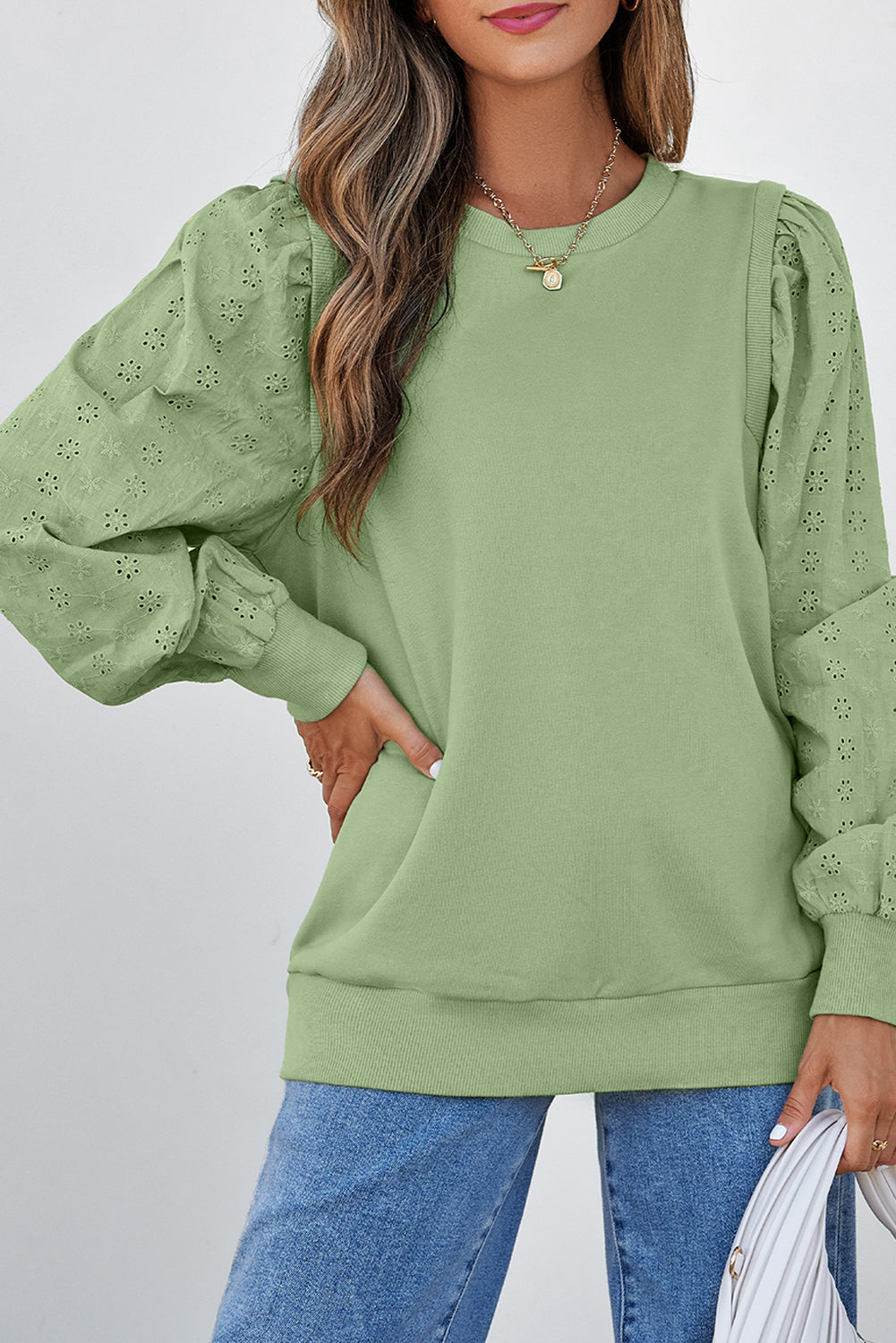 Solid Patchwork Sleeve Round Neck Sweatshirt | Mist Green